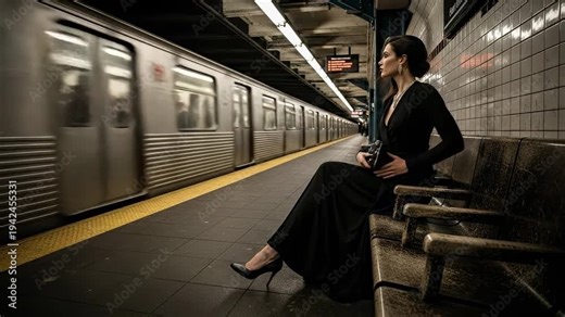 Elegant woman in black evening gown sitting in a subway station with a passing train, cinematic noir