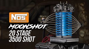 Introducing the 3,500hp, 20-stage "Moonshot" nitrous plate system by NOS! Available for 4150 and 4500-style intake manifolds, the new Moonshot plate (Part # OMG3500HP-NOS) utilizes a 50lb nitrous cylinder and NOS’s largest solenoid yet! Cut that quarter-mile time in half with NOS Moonshot! | Holley