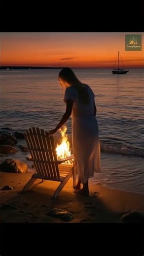 Graceful Sunset Walk — Woman Relaxing by the Bonfire at the Beach