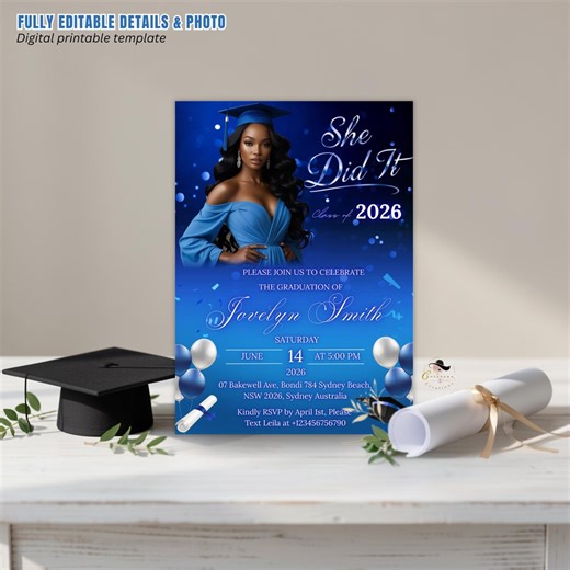 Blue Graduation Announcement Invitation, She Did It Invite, Senior Grad Party With Photo Invite, Class of 2026, Digital Printable Template - Etsy