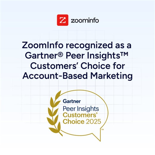 ZoomInfo is the only vendor named a Customers’ Choice in the 2025 Gartner® Peer Insights™ Voice of the Customer for Account-Based Marketing Platforms. This recognition is 100% based on verified customer reviews over the last 18 months. To us, that means: ✅ Our customers trust us ✅ Our platform delivers results ✅ Our GTM vision is working We’re honored. We’re grateful. And we’re just getting started. More information here: bit.ly/4lFPnja | ZoomInfo