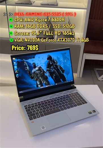 ផលិត 2022 (ផលិតផលមួយទឹក) Gaming Design និង Play Game DELL GAMING G15 5525 ( 99% ) CPU: AMD Ryzen 7 6800H (16CPUs) RAM: 16GB (Max 64GB) SSD: 512GB M.2 PCIe Screen: 15.6” Full HD (1920 x 1080) VGA: NVIDA Geforce RTX3070 Ti 8GB Refresh Rate: 165Hz Keyboard: Light ( RGB ) Wi-Fi 6E, Windows 11, Weight: 2.8Kg ✥ Price : 769$ Telegram Channel: https://t.me/JC_Shop TikTok: www.tiktok.com/@gamingcompuyer •2 Months For Warranty •Free life Time For Software •Free Accessory Bag Mouse Mousepad ទីតាំងភ្នំពេញ :