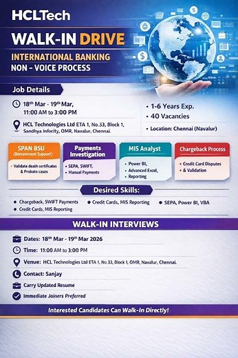 HCLTech Walk-in Drive 2026 | International Banking Non-Voice Jobs | Chennai Hiring 🚀|#job #jobsearch