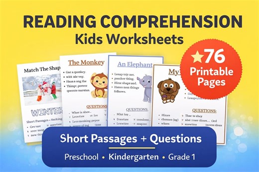 76 Printable Reading Comprehension Worksheets | Kindergarten, Preschool Reading Practice (PDF) - Etsy