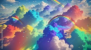 A colorful cloud filled with many different colors. The clouds are very fluffy and look like they are floating in the sky