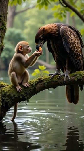 Unbelievable! Monkey Shares Food with Giant Eagle High Above Water!
