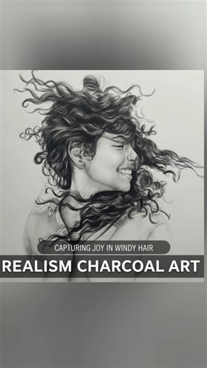 ​🤯 REALISM CHARCOAL ART: Capturing JOY in Windy Hair | Drawing Time-Lapse #shorts #art