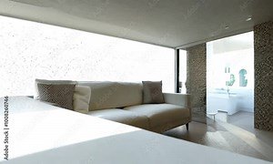 Modern interior of living room with white sofa coffee table and stucco walls