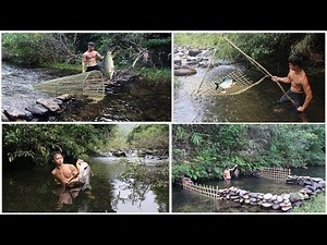 Primitive Survival : Fish Traps And Cooking Fish On a Rock - Eating Delicious