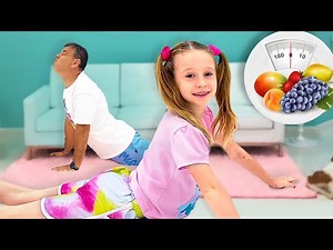 Nastya teaches dad to eat healthy and play sports