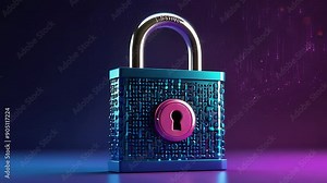 Digital Padlock on Dark Background with Blue and Purple Hues, Binary Code Texture, Pink Keyhole Highlighted. Symbolizing Cybersecurity, Encryption, and Secure Access.Representation of Digital Security