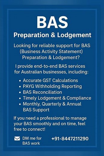 Whether monthly, quarterly, or yearly—I ensure smooth, accurate, and compliant BAS submissions.