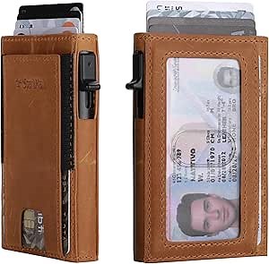 Minimalist Pop Up Wallet for Men | RFID Blocking Credit Card Holder Wallet | Mens Wallet Slim Front Pocket Metal Case with Gift Box (Genuine Full Grain Soft Leather)