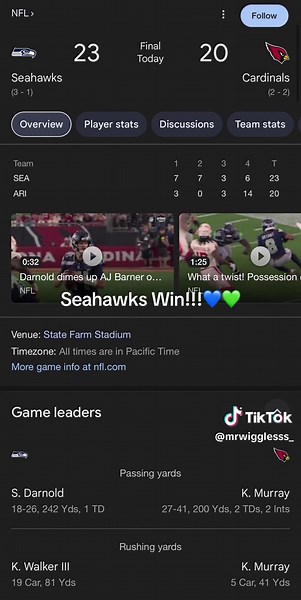 Average Seahawks Game But We Got The Win!!! GO HAWKS💙🦅💚#seahawks #cardinals #football #seattle #fyp