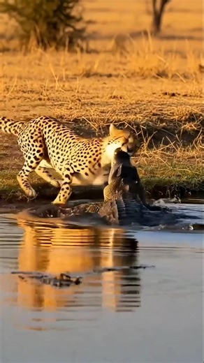 Crocodile attacked the lion and bite the tonque