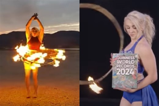 Circus Performer's World Record: 8 Flaming Hula Hoops!