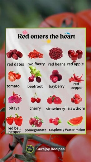 Red foods are great for your heart! From strawberries and pomegranates to tomatoes and red bell peppers, these vibrant foods are packed with nutrients that support heart health. 🍓🍅❤️ #HeartHealth #RedFoods #HealthyEating | Curejoy Recipes
