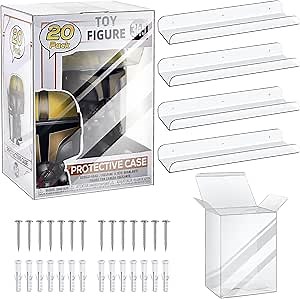 4-Pack Clear Acrylic Display Shelves for Funko Pop - 15" Wall Display Shelf with 20 Plastic Protectors Case Box for 4-Inch Vinyl Figure