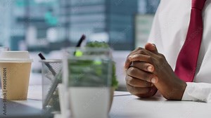 Scared agitated job seeker feeling very nervous at interview with employer, being insecure and overwhelmed while he presents his experience or qualifications. Timid applicant. Close up. Camera A.