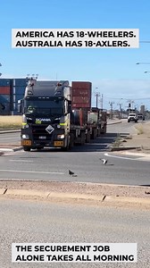 You think securing one flatbed is a chore? Try securing THREE. This is an Australian Road Train, and it puts our 18-wheelers to shame. We're talking a Euro-spec Scania cabover pulling a triple-trailer setup with a staggering 18 axles in total. And check out the cab – Aussie drivers are so hardcore they run these massive hauls with a standard Euro sleeper (basically just a bunk behind the seats). No condos here, just pure work. Imagine doing a pre-trip on 70 tires! Could you handle a rig this lon