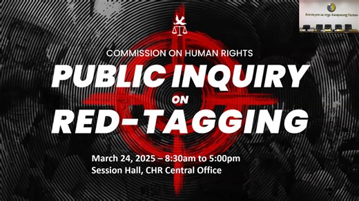 [WATCH] Public Inquiry on Red-tagging | 24 March 2025 To cap off its fact-finding efforts on acts that may constitute red-tagging, the Commission on Human Rights (CHR) held the final session of its Public Inquiry on Red-Tagging on 24 March 2025. This last leg brought together key officials from the Philippine government to inform the Commission’s assessment of the practices and patterns associated with red-tagging and their possible human rights consequences. https://bit.ly/4j4n5O9 | Commission 
