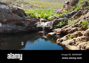 Secluded waterfall cascading over rocks into a tranquil pool in a lush mountain valley. Media