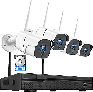 Security Camera System Wireless Outdoor, 1080P Home Security System Pre-Installed 3TB HDD with 8CH NVR and 4pcs WiFi Cameras, Night Vision, IP66 Waterproof, Motion Alert, Remote Access, 24/7 Record