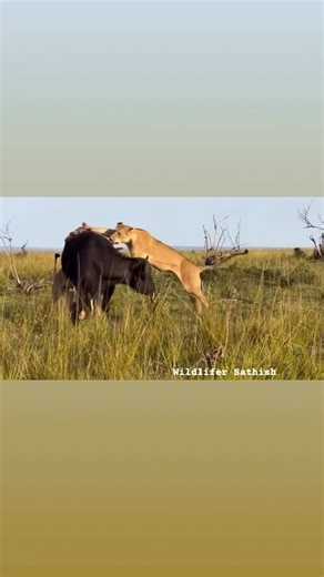 Rongai pride breakaway females (Rockets) with a Cape Buffalo in Grasslands of Masai Mara, Kenya