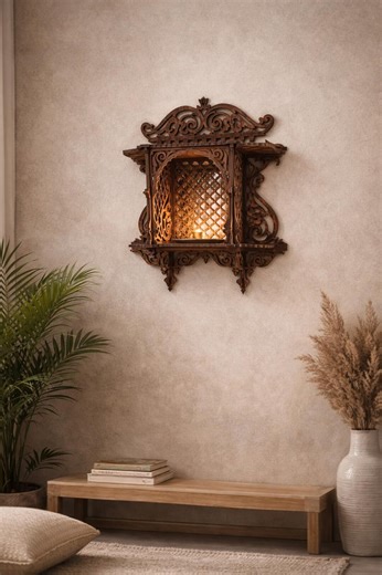 Architectural Wooden Wall Altar | Handcrafted Jaali Mandir Shelf - Etsy