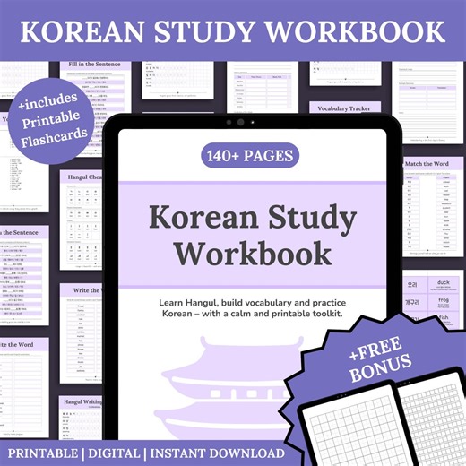 Korean Workbook 140 Pages, Hangul Writing Practice, Vocabulary Worksheets, Flashcards & Study Planner, Printable PDF - Etsy