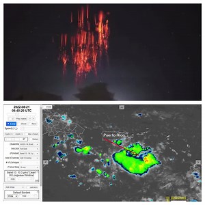 Impresionante la Espectro Rojo (sprite) capturado el domingo a la 1:47am desde Cabo Rojo con cámara del astroaficionado Frankie Lucena. Los sprites son destellos rojos de luz producidos por descargas eléctricas sobre el tope de la nube de tormenta. La descarga sube desde el tope de la tronada. | Deborah Martorell
