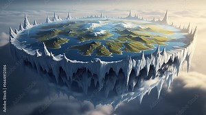 A detailed map of a fantasy flat earth model, floating in the sky with an ice wall boundary, illustrating an ancient cosmology concept