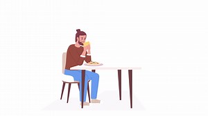 Animated man eating at dinner table. Guy drinking coffee. Full body flat person on white background with alpha channel transparency. Color cartoon style 4K video footage of character for animation
