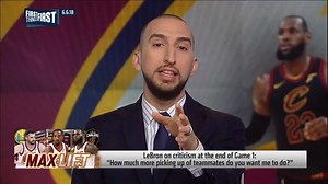 "People are now saying: 'We know going into OT you had 49-8-8, but you didn’t give JR a back rub on the sideline.' It’s one of the most laughable things I've ever seen." Nick Wright on LeBron criticism after Game 1 | First Things First on FS1