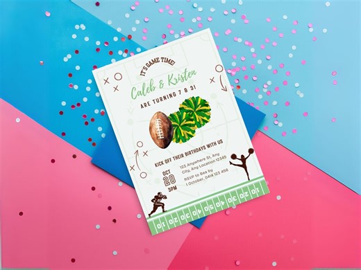 Game on Football Cheerleading Invite, Joint Sibling Green Gold Pom Pom Birthday Invitation Template - Etsy