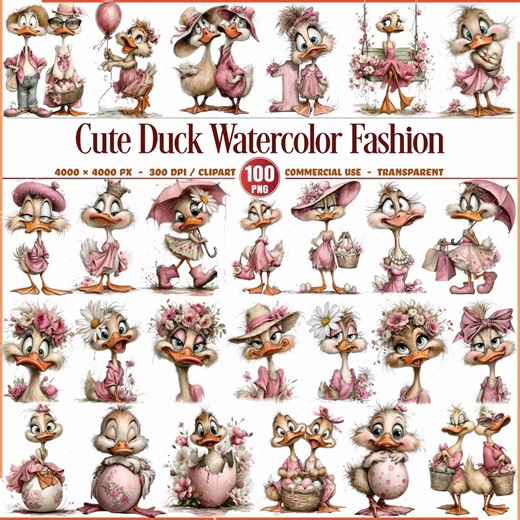 Watercolor Duck Fashion Clipart PNG Transparent Animal Graphics - Etsy