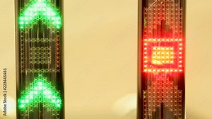 Green LED light arrow pointing up and moving fast upwards. Green up arrow escalator