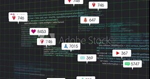 Interface displaying floating speech bubbles over green grid showing JS code and engagement icons Stock Video