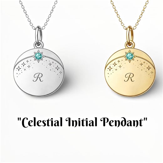 Celestial Initial Pendant Necklace – Personalized Birthstone Disc, Zodiac-inspired Gift in 14k Gold, Silver or Gold on Silver - Etsy