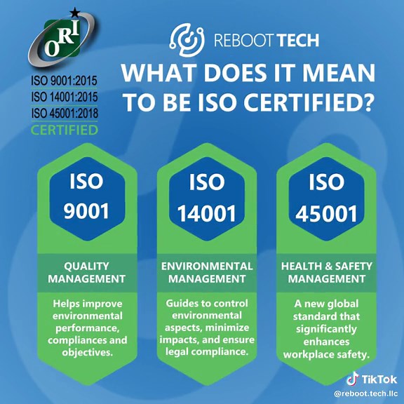 Ever wondered what it means to be ISO certified? 🤔 Let's break it down! #ISOCertified #ISOStandards #EnvironmentalCertifications #RebootTech #ElectronicsRecycling #R2v3Certified