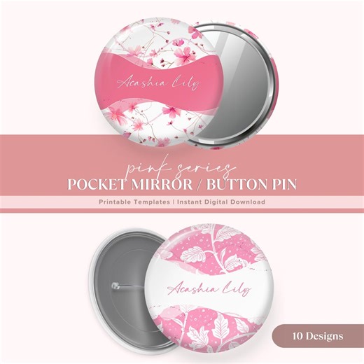 Pink Series Pocket Mirror & Button Pin Badge Designs | PNG Files   Editable Backing Card | Printable Templates - Etsy