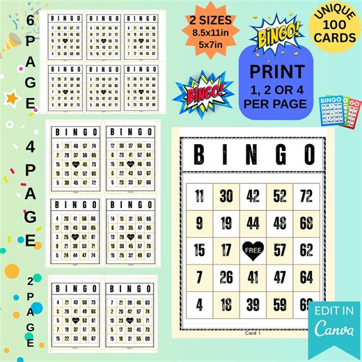 100 Bingo Cards Printable PDF | Canva Editable | 1, 2, 4 per Page | Large Print | Instant Download | Party Game | Custom Bingo Cards - Etsy