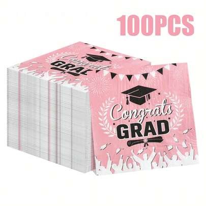 100/60/20pcs 13 * 13 Inch Pink "Congrats GRAD" Themed Disposable Napkins, Featuring Hot Stamping Letters And A Bachelor's Cap, Paired With A Falling Ribbon Element Pattern, Suitable For Graduation Season Parties, Graduation Celebrations, Family Gatherings, And Restaurant Decoration Napkins | SHEIN