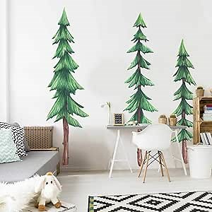 Set of Three Pine Trees Watercolor Wall Art Decals- Forest Themed Room Decor Decal Set by Chromantics