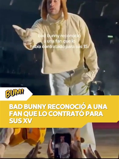 ​🐰✨ ¡EL GESTO MÁS HUMILDE DE BAD BUNNY! ​¿Se imaginan que el artista #1 del mundo las reconozca en pleno concierto? ¡Pues a esta fan le pasó! 😱 ​Durante su más reciente show, Bad Bunny detuvo todo al ver a una chica entre la multitud. No era cualquier fan: ¡Benito recordó que ella lo había contratado para cantar en sus XV años cuando él apenas estaba comenzando! 🎂🎤 ​💬 ¿Y TÚ QUÉ HARÍAS? ​Si pudieras retroceder el tiempo, ¿a qué artista habrías contratado para tus 15 antes de que se volviera 