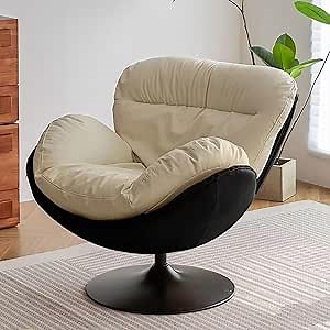 Single Eggshell Swivel Lounge Chair, Upholstered Accent Chair with 360 Degree Metal Base Chair Oversized Armchair Lazy Sofa for Bedroom, Living Room (Black+Beige)