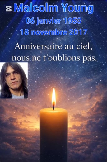 Malcolm Young 🇦🇺Australien,👶le 6 janvier 1953 et✝️le 18 novembre 2017. Malcolm Mitchell Young est un musicien australien d'origine écossaise, né le 6 janvier 1953 à Glasgow, en Écosse et mort le 18 novembre 2017. Il est connu pour être le fondateur et le guitariste rythmique du groupe de hard rock australien AC/DC. Il est le frère de George et Angus Young. Malcolm Young est né le 6 janvier 1953 à Glasgow en Écosse et émigra avec sa famille en Australie en 1963. Grand frère d'Angus, il quitte