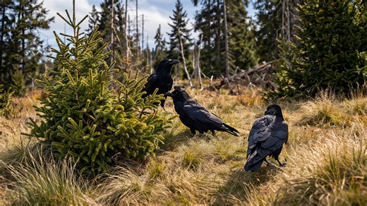 This camera trap captures ravens feeding on a fallen deer