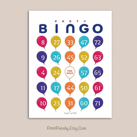 Party Bingo – Printable 75-number Bingo Game | 100 Unique Cards With Fun Balloon Motif | Instant PDF Download - Etsy Canada