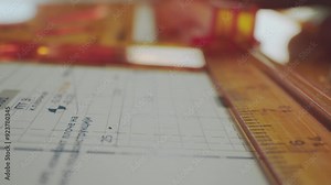 Architect hands drawing on the plan with a pencil and rule on the table. Close-up of the architect working